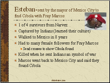 Esteban-sent by the mayor of Mexico City to find Cibola with Fray Marcos