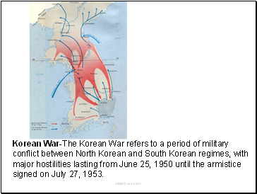 Korean War-The Korean War refers to a period of military conflict between North Korean and South Korean regimes, with major hostilities lasting from June 25, 1950 until the armistice signed on July 27, 1953.