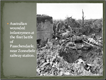 Australian wounded infantrymen at the first battle of Passchendaele, near Zonnebele railway station.
