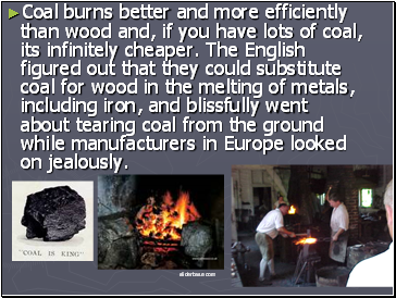 Coal burns better and more efficiently than wood and, if you have lots of coal, its infinitely cheaper. The English figured out that they could substitute coal for wood in the melting of metals, including iron, and blissfully went about tearing coal from the ground while manufacturers in Europe looked on jealously.