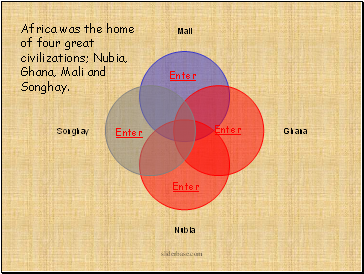 Africa was the home of four great civilizations; Nubia, Ghana, Mali and Songhay.