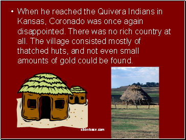 When he reached the Quivera Indians in Kansas, Coronado was once again disappointed. There was no rich country at all. The village consisted mostly of thatched huts, and not even small amounts of gold could be found.