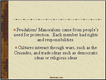 Feudalism/ Manoralism came from peoples need for protection. Each member had rights and responsibilities.