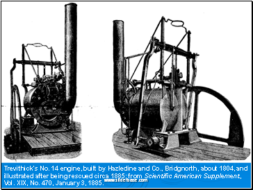 Trevithick's No. 14 engine, built by Hazledine and Co., Bridgnorth, about 1804, and illustrated after being rescued circa 1885; from Scientific American Supplement, Vol. XIX, No. 470, January 3, 1885.