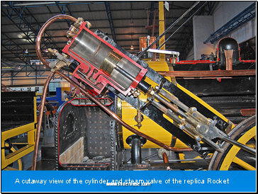 A cutaway view of the cylinder and steam valve of the replica Rocket