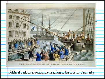 Political cartoon showing the reaction to the Boston Tea Party