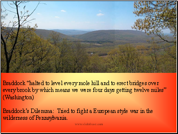 Braddock halted to level every mole hill and to erect bridges over every brook by which means we were four days getting twelve miles (Washington)