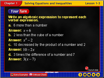 Write an algebraic expression to represent each verbal expression.