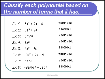 Classify each polynomial based on the number of terms that it has.