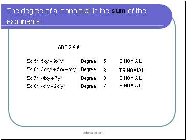 The degree of a monomial is the sum of the exponents.