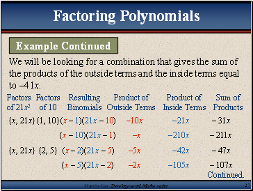 We will be looking for a combination that gives the sum of the products of the outside terms and the inside terms equal to 41x.