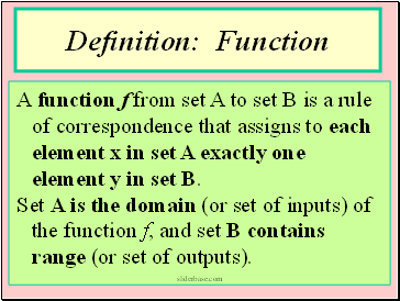 A function f from set A to set B is a rule of correspondence that assigns to each element x in set A exactly one element y in set B.