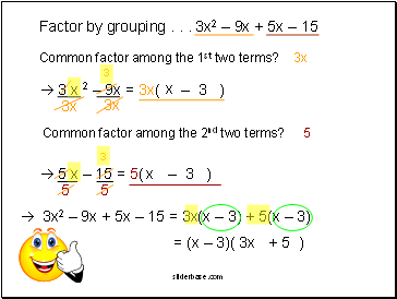 Factor by grouping . . . 3x2  9x + 5x  15