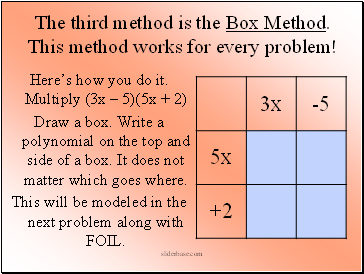 The third method is the Box Method. This method works for every problem!