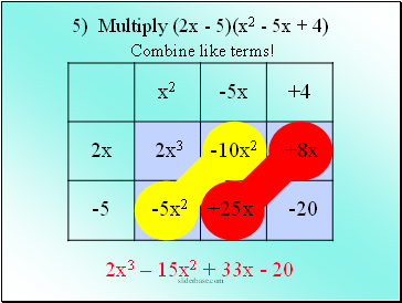 5) Multiply (2x - 5)(x2 - 5x + 4) Combine like terms!