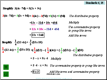 Simplify 3(4c -7d) + 5(2c + 9c)