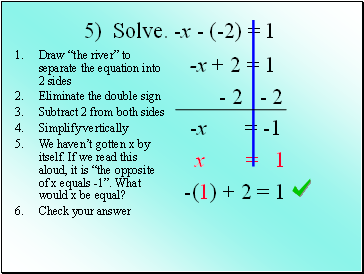 5) Solve. -x - (-2) = 1