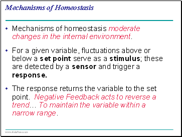 Mechanisms of homeostasis moderate changes in the internal environment.