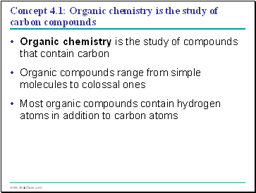 Concept 4.1: Organic chemistry is the study of carbon compounds