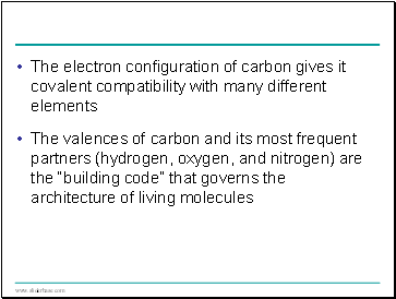 The electron configuration of carbon gives it covalent compatibility with many different elements