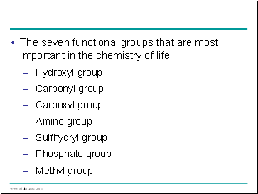 The seven functional groups that are most important in the chemistry of life: