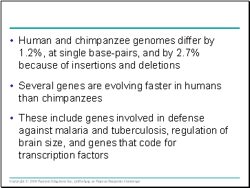 Human and chimpanzee genomes differ by 1.2%, at single base-pairs, and by 2.7% because of insertions and deletions