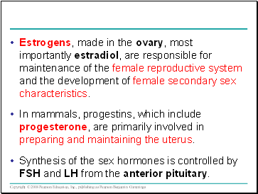 Estrogens, made in the ovary, most importantly estradiol, are responsible for maintenance of the female reproductive system and the development of female secondary sex characteristics.