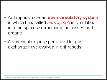 Arthropods have an open circulatory system in which fluid called hemolymph is circulated into the spaces surrounding the tissues and organs.