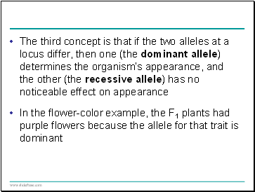 The third concept is that if the two alleles at a locus differ, then one (the dominant allele) determines the organisms appearance, and the other (the recessive allele) has no noticeable effect on appearance