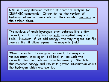 NMR is a very detailed method of chemical analysis for ORGANIC compounds. It can tell us the number of hydrogen atoms in a molecule and their related positions in the carbon chain.