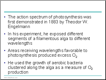The action spectrum of photosynthesis was first demonstrated in 1883 by Theodor W. Engelmann