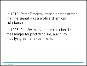 In 1913, Peter Boysen-Jensen demonstrated that the signal was a mobile chemical substance.