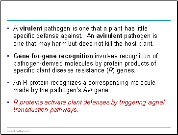 A virulent pathogen is one that a plant has little specific defense against. An avirulent pathogen is one that may harm but does not kill the host plant.