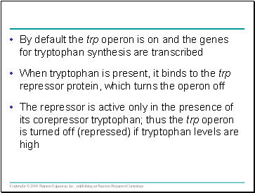 By default the trp operon is on and the genes for tryptophan synthesis are transcribed