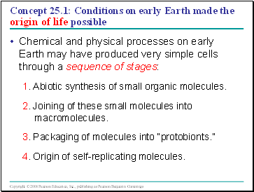 Concept 25.1: Conditions on early Earth made the origin of life possible