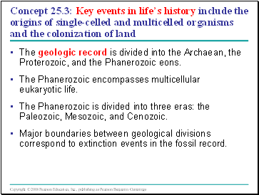 The geologic record is divided into the Archaean, the Proterozoic, and the Phanerozoic eons.