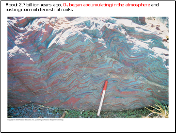 About 2.7 billion years ago, O2 began accumulating in the atmosphere and rusting iron-rich terrestrial rocks.