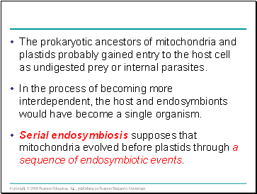 The prokaryotic ancestors of mitochondria and plastids probably gained entry to the host cell as undigested prey or internal parasites.