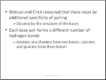 Watson and Crick reasoned that there must be additional specificity of pairing