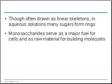 Though often drawn as linear skeletons, in aqueous solutions many sugars form rings