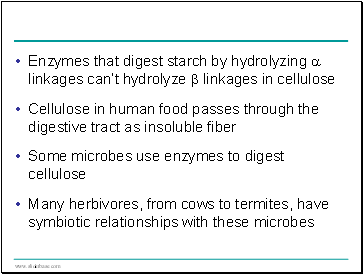 Enzymes that digest starch by hydrolyzing  linkages cant hydrolyze  linkages in cellulose