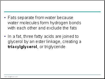 Fats separate from water because water molecules form hydrogen bonds with each other and exclude the fats