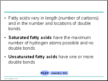 Fatty acids vary in length (number of carbons) and in the number and locations of double bonds