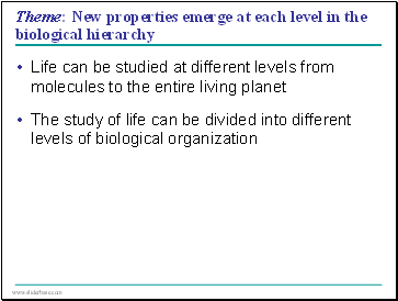 Theme: New properties emerge at each level in the biological hierarchy