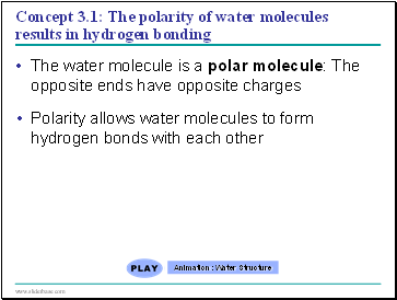 Concept 3.1: The polarity of water molecules results in hydrogen bonding