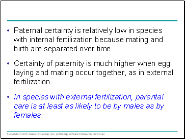 Paternal certainty is relatively low in species with internal fertilization because mating and birth are separated over time.