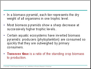 In a biomass pyramid, each tier represents the dry weight of all organisms in one trophic level.