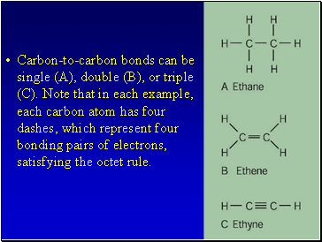 Carbon-to-carbon bonds can be single (A), double (B), or triple (C). Note that in each example, each carbon atom has four dashes, which represent four bonding pairs of electrons, satisfying the octet rule.