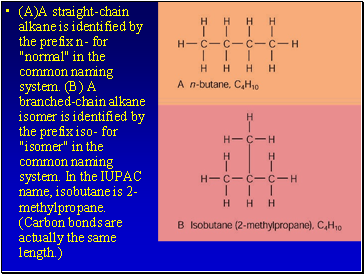 (A)A straight-chain alkane is identified by the prefix n- for "normal" in the common naming system. (B) A branched-chain alkane isomer is identified by the prefix iso- for "isomer" in the common naming system. In the IUPAC name, isobutane is 2-methylpropane. (Carbon bonds are actually the same length.)