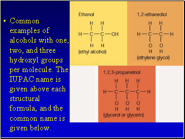 Common examples of alcohols with one, two, and three hydroxyl groups per molecule. The IUPAC name is given above each structural formula, and the common name is given below.